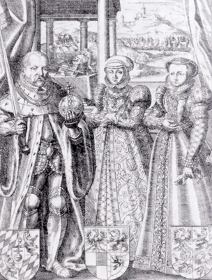 Kurfürst Friedrich III. mit seinen zwei Gemahlinnen, Kupferstich von Jost Amman, Kurpfälzisches Museum Heidelberg, S58, Negativ-Nr. 1017.