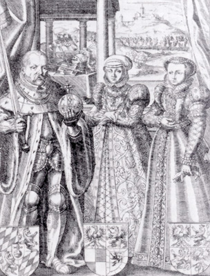 Kurfürst Friedrich III. mit seinen zwei Gemahlinnen, Kupferstich von Jost Amman, Kurpfälzisches Museum Heidelberg, S58, Negativ-Nr. 1017.