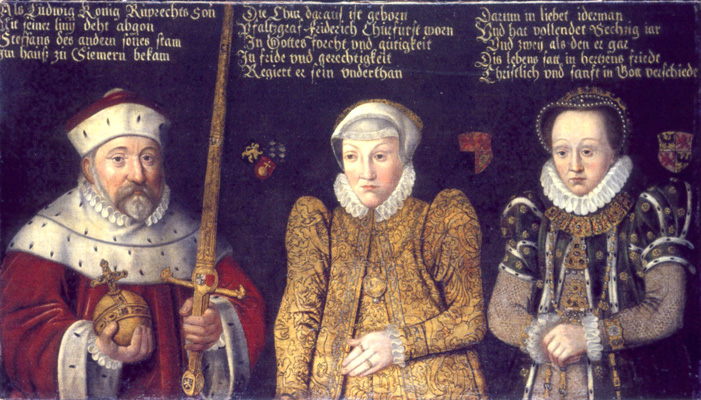 Kurfürst Friedrich III. und seine zwei Gemahlinnen, Ölgemälde um 1600, Mitte: Maria von Brandenburg-Kulmbach, rechts: Amalia von Neuenahr-Alpen; Bayerische Staatsgemäldesammlungen, Inv.-Nr. 4479 (Depot der Alten Pinakothek München)