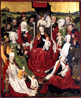 Die Frauen kümmern sich um die Kinder in der Darstellung der Hl. Sippe, Baegert-Altar, Dortmund-Propsteikirche, um 1475; Bild aus: Thomas Schilp, Himmel, Hölle, Fegefeuer, Essen 1996.