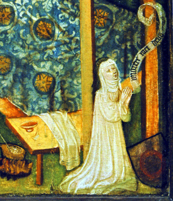 Froendenberger Marienaltar; Rentabel aus der Stiftskirche Froendenberg; das Detail zeigt die Aebtissin Segele von Hamme (1410-421), die mit ihrem Wappen kniend in der Szene der Geburt Christi zu Fueßen des Bettes dargestellt ist