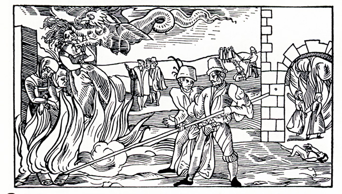Verbrennung von drei Zauberinnen zu Derneburg 1555, Holzschnitt m. Text, hier nur die Illustration als Ausschnitt, in: Halbey, a.a.O., S. 43