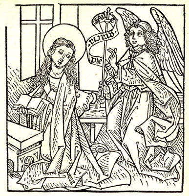 Verkündigung an Maria. Aus einer Holzschnittfolge, um 1485, in: Sachs, Hannelore/ Badstübner, Ernst/ Neumann, Helga, Christliche Ikonographie in Stichworten, Leipzig 1980, S. 355.