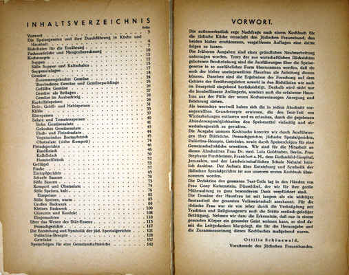 Inhaltsverzeichnis und Vorwort; Kochbuch für den jüdischen Haushalt (wahrscheinlich 1935)