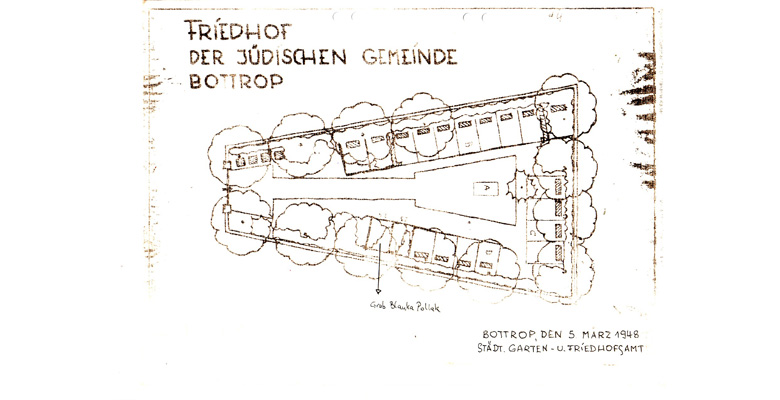 Der Lageplan des jüdischen Friedhofs auf dem Friedhof Bottrop-West, der auf Anweisung der alliierten Regierung von der Stadtverwaltung Bottrop erstellt wurde; Quelle: Stadtarchiv Bottrop 