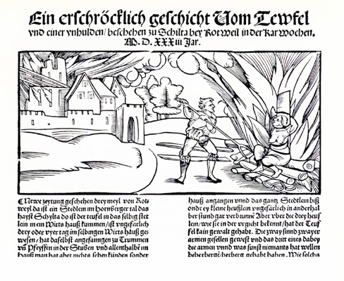 Hexenverbrennung, Holzschnitt im Zeitungstext von 1533, Erhard Schoen zusammen mit Stefan Hamer, aus: Halbey, Marianne, a.a.O., S. 41