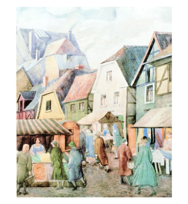 Gerta Overbeck-Schenk, Markt in Luenen, Aquarell um 1956; Museum der Stadt Luenen